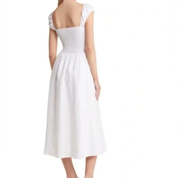 Reformation Tavi 100% Linen White Smocked Ruffle Midi Dress Size Large NWOT - Picture 3 of 10